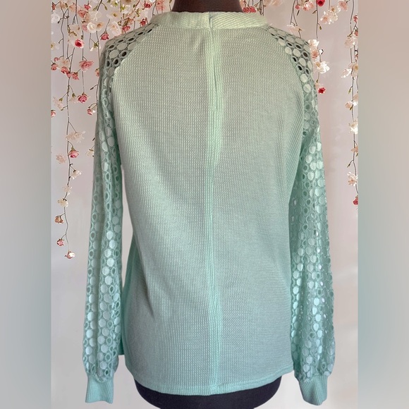 Miholl Waffle Knit Sea Foam Green Top With Lace Long Dolman Puff Sleeves… - Picture 3 of 4